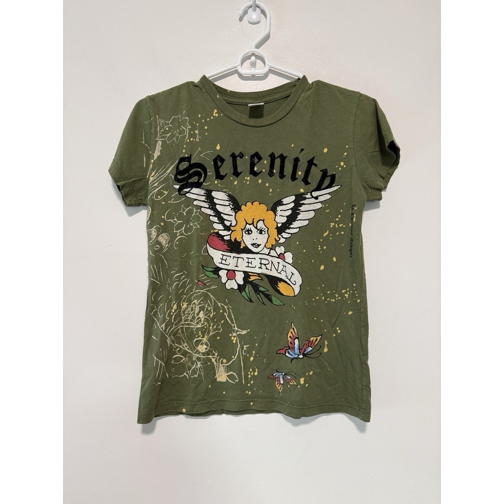 Ed‎ Hardy Y2K Vintage Serenity Eternal Angel Graphic Green Splatter T-Shirt